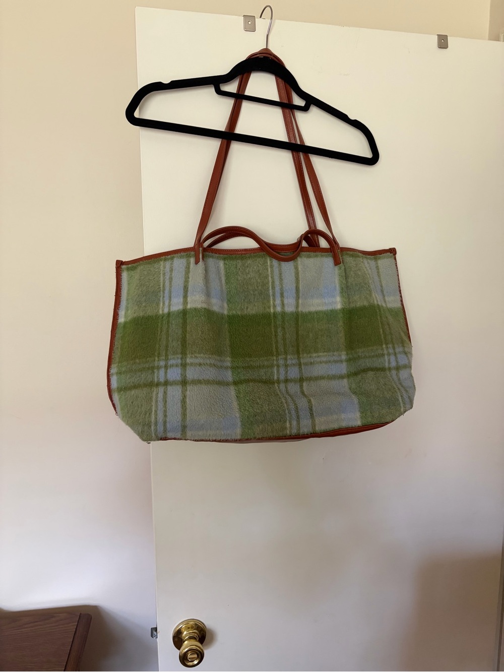 Green Plaid Tote Bag with Brown Trim
